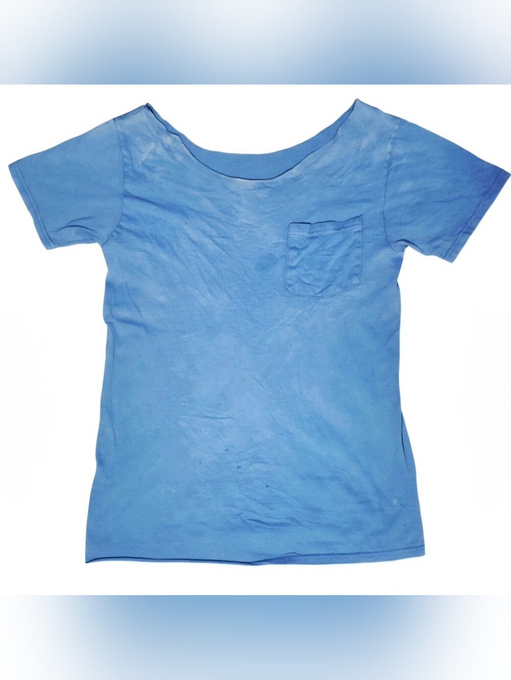 Upcycled Distressed Raw Neck Pocket Tee Faded Blue Thrashed Grunge Small